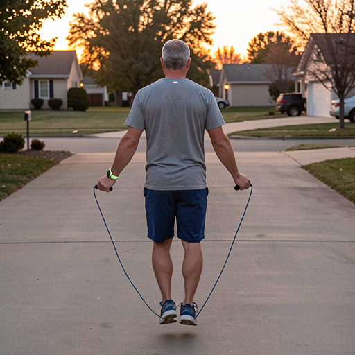 man jumping rope in driveway with sunset in background