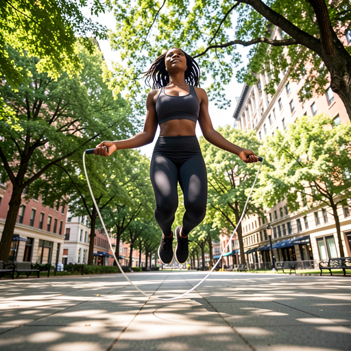 woman jumping rope outdoors in emtpy city street